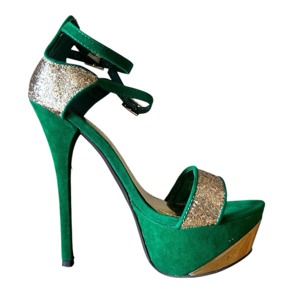 Liliana Reseda-5 Dark Green Gold Glitter Platform Heel Size 7.5 EUC